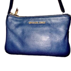 Michael Kors Navy Blue Small Purse JetSet Pebbled Leather Crossbody Bag Gold zip